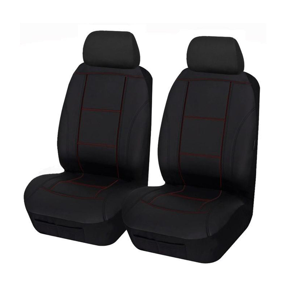 Lavish Faux Leather Front Seat Covers (Low-Back) - Black/Red Stitching
