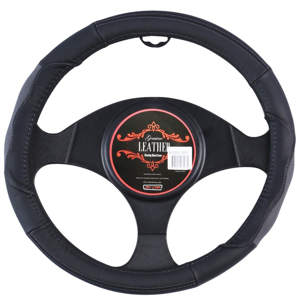 Nevada Leather Steering Wheel Cover - Black/Gray